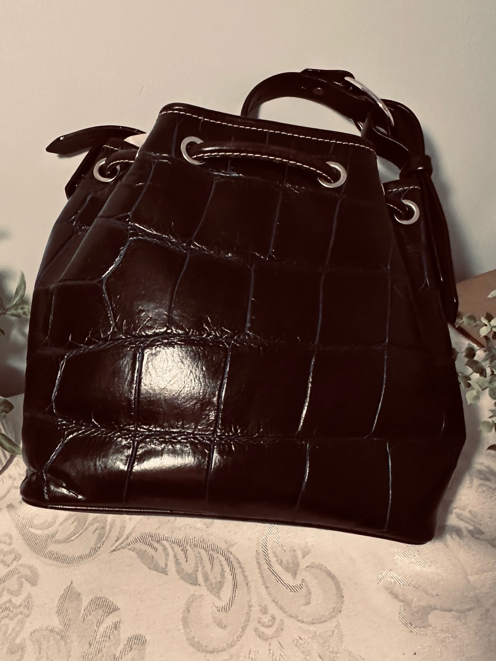 Dooney & Bourke Black Quilted Patent Leather Drawstring Shoulder Bag